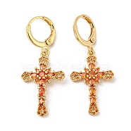 Real 18K Gold Plated Brass Dangle Leverback Earrings, with Glass, Cross, Coral, 38x16mm(EJEW-A033-03G-05)