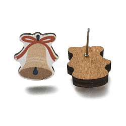 Christmas Printed Wood Stud Earrings for Women, with 316 Stainless Steel Pin, Platinum, Christmas Bell, 14x13mm, Pin: 0.6mm(EJEW-U025-01E)