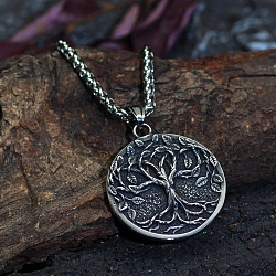 Tibetan Style Alloy Tree of Life Pendant Necklaces, Viking Pendant Rope Chain Necklaces, Antique Silver, 23.62 inch(60cm)(PW-WG996FF-01)