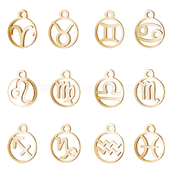 304 Stainless Steel Pendants, Manual Polishing, Ring with Twelve Constellations, Golden, 18x16x1.5mm, Hole: 1.6mm, 12 Constellations, 1pc/constellations, 12pcs/box(STAS-UN0008-45G)