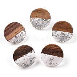 Resin & Walnut Wood Flat Round Stud Earrings with 304 Stainless Steel Pin for Women, Silver, 18mm, Pin: 0.7mm(EJEW-TADZ0001-01S)