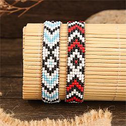 2Pcs Bohemian Style Geometric Pattern Red Blue Glass Bead Handmade Bracelet, Colorful, Diameter: 3-1/8 inch(8cm)~4 inch(10cm)(IV4128)