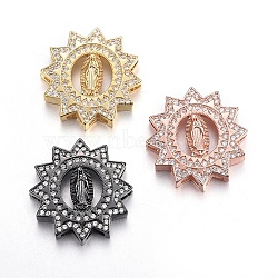 Brass Micro Pave Cubic Zirconia Slide Charms, Long-Lasting Plated, Cadmium Free & Nickel Free & Lead Free, Flower with Saint, Clear, Mixed Color, 22x21x5mm, Hole: 1.5x1.5~10mm(ZIRC-G147-28-NR)