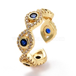 Evil Eye Cubic Zirconia Cuff Ring, Real 18K Gold Plated Brass Open Ring for Women, Lead Free & Cadmium Free, Blue, US Size 6 1/2(16.9mm)(X-RJEW-E170-08G)