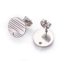 304 Stainless Steel Ear Stud Findings, with Ear Nuts/Earring Backs and Hole, Textured Flat Round with Cross Grain, Stainless Steel Color, 12mm, Hole: 1.2mm, Pin: 0.8mm(X-STAS-O119-17C-P)