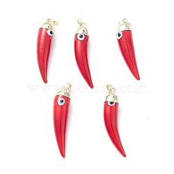 Handmade Evil Eye Lampwork Pendants, with Rack Plating Light Gold Tone Brass Findings, Long-Lasting Plated, Lead Free & Cadmium Free, Horn Charm, Red, 43~46x9~11x10~11mm, Hole: 7x4mm(LAMP-F031-01G-01)