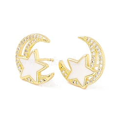 Clear Cubic Zirconia Moon and Star Stud Earrings with Enamel, Brass Jewelry for Women, Cadmium Free & Lead Free, Real 18K Gold Plated, 15x13mm, Pin: 0.8mm(EJEW-I266-10G)