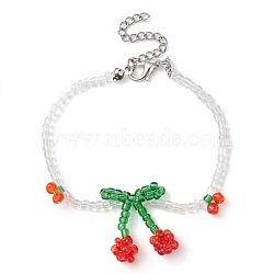 Glass Seed Beaded Cherry Charm Bracelets, with 304 Stainless Steel Clasps, Colorful, 7-3/8 inch(18.8cm)(BJEW-JB10117)
