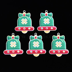 Spray Painted Brass Pendants, with Printed, Christmas Bell with Snowflake, Sea Green, 33x26x0.4mm, Hole: 1.8mm(KK-Q281-001)