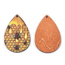 Single Face Printed Wood Big Pendants, Teardrop Charm with Bees Pattern, Orange, 60x40x3mm, Hole: 2mm(WOOD-TAC0021-02)