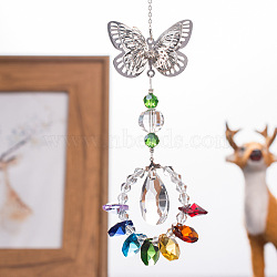 Crystal Teardrop Glass Suncatchers Prisms Pendant Decorations, Chakra Chandelier Hanging Ornament for Window Sun Catcher with Butterfly, Colorful, 315~330x60mm(BUER-PW0001-136)
