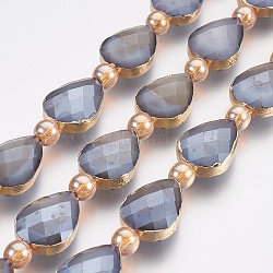 Electroplate Glass Beads Strands, Faceted, with Golden Tone Brass Edge, Full Plated, Teardrop & Round, Gray, 18x12.5~13x7~7.5mm, Hole: 1mm, about 10pcs/strand, 9 inch(23cm)(EGLA-P044-B01)
