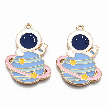 Alloy Enamel Pendants, Cadmium Free & Lead Free, Spaceman with Planet, Light Gold, Colorful, 32.5x22x1.5mm, Hole: 1.6mm