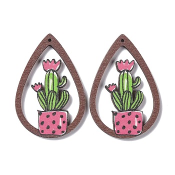 Printed Wood Big Pendants, Teardrop with Cactus Charms, Pink, 56x37x2.5mm, Hole: 1.5mm