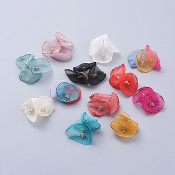 Handmade Woven Costume Accessories, with Brass Eye Pin, Chiffon Cloth Flower, Mixed Color, 25~31x4.5mm