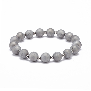 Natural Druzy Geode Weathered Agate Round Beaded Stretch Bracelet, Gemstone Jewelry for Women, Silver, Inner Diameter: 2-1/4 inch(5.8cm)