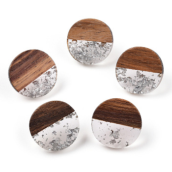 Resin & Walnut Wood Flat Round Stud Earrings with 304 Stainless Steel Pin for Women, Silver, 18mm, Pin: 0.7mm