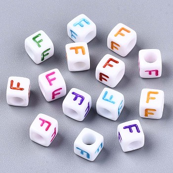 Acrylic Beads, Horizontal Hole, Cube with Mixed Color Letter, Letter.F, 6x6x6mm, Hole: 3mm, about 2600pcs/500g