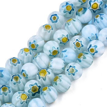Round Millefiori Glass Beads Strands, Light Blue, 6mm, Hole: 1mm, about 67pcs/strand, 14.7 inch