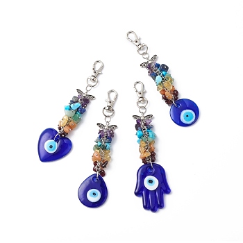 Handmade Lampwork Evil Eye Pendant Decoration, Gemstone Chips Cluster Lobster Clasp Charms, Clip-on Charms, for Keychain, Purse, Backpack Ornament, Mixed Shapes, 125~144mm