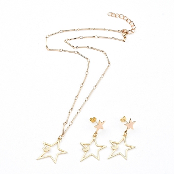 Pendant Necklace and Dangle Stud Earring Jewelry Sets, with Alloy Pendant, Brass Stud Earring Findings, Brass Bar Link Chains and Lobster Claw Clasps, Star, Golden, 16.33 inch(41.5cm), 43mm, Pin: 0.8mm