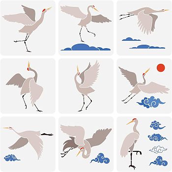 9Pcs 9 Styles PET Hollow Out Drawing Painting Stencils Sets, for DIY Scrapbook, Photo Album, Heron, Bird Pattern, 300x300mm, 1pc/style