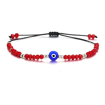 Adjustable Glass Evil Eye Brided Bead Bracelet, Red, 