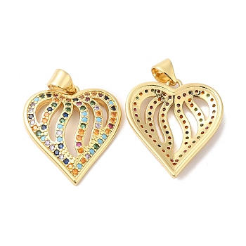 Real 16K Gold Plated Brass Micro Pave Colorful Cubic Zirconia Pendants, Heart Charms, Colorful, 22x20x3.5mm, Hole: 4x3.5mm