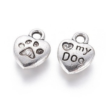 Tibetan Style Alloy Charm Enamel Settings, Heart Carved Word My Dog, Cadmium Free & Nickel Free & Lead Free, Antique Silver, 13x10x3mm, Hole: 2mm