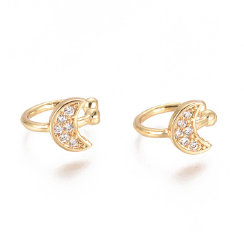 Golden Plated Brass Micro Pave Cubic Zirconia Cuff Earrings, Long-Lasting Plated, Moon, Clear, 10.5x11.5x1.1~7mm