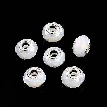 Imitation Jade Glass European Beads, Large Hole Beads, with Brass Cores, AB Color Plated, Faceted, Rondelle, White, 13.5~14x9~9.5mm, Hole: 5mm