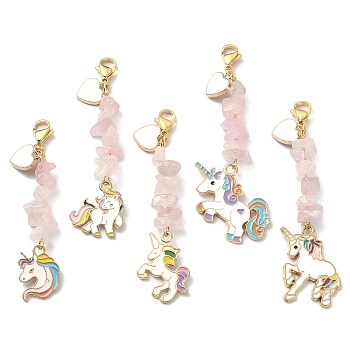 Alloy Enamel Unicorn & Heart Pendant Decorations, Natural Rose Quartz Chips and 304 Stainless Steel Lobster Claw Clasps Charms, 65~75mm