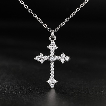 Cubic Zirconia Cross Pendant Necklace, with Brass Cable Chains, Platinum, 17.72 inch(45cm)