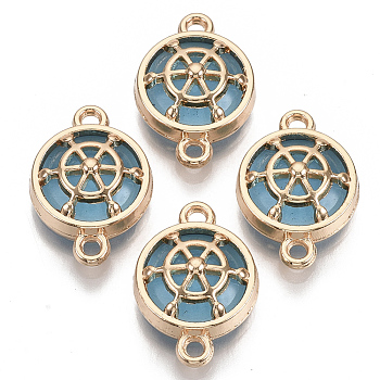 Glass Links connectors, with Light Gold Plated Alloy Findings, Flat Round with Helm, Light Sky Blue, 13.5x19.5x6.5mm, Hole: 1.6mm