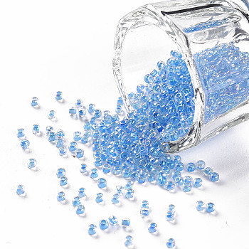 11/0 Grade A Round Glass Seed Beads, Transparent Inside Colours, AB Color Plated, Dodger Blue, 2.3x1.5mm, Hole: 1mm, about 48500pcs/pound
