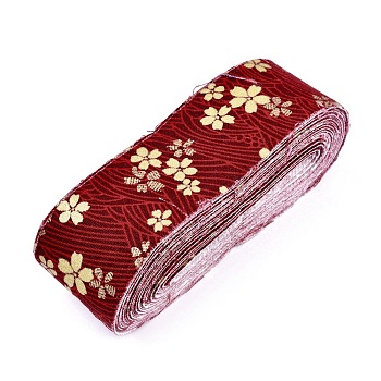 Japanese Kimono Style Floral Cotton Ribbon, Single Printed, for DIY Hair Bow, Headwear, Handmade Trim, Dark Red, 1-1/2 inch(40mm), about 10yards/roll(9.14m/roll)