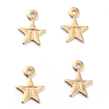 Brass Charms, Loops, Star with Letter T, Real 24K Gold Plated, 8.5x6x0.5mm, Hole: 1mm