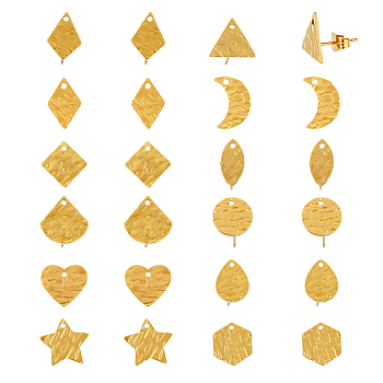 SUPERFINDINGS 24Pcs 12 Style 304 Stainless Steel Stud Earring Findings, with Hole and Ear Nuts, Rhombus & Hexagon & Star & Heart & Moon Shape, Golden, 10~12x6~12mm, Hole: 1mm, Pin: 0.6mm, 2pcs/style 