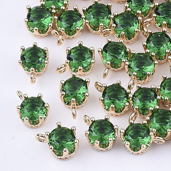 Transparent Glass Charms, with Brass Findings, Faceted, Crown, Light Gold, Sea Green, 8.5x6x5mm, Hole: 1mm