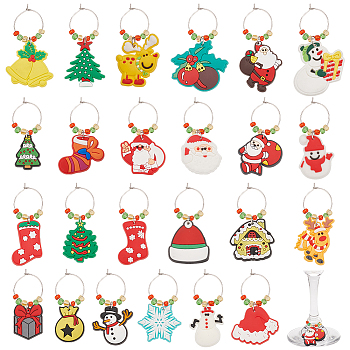 Christmas Theme PVC Plastic with Glass Seed Bead Wine Glass Charms, with 316 Surgical Stainless Steel Hoop Earring Findings, Santa Claus/Deer/Snowman, Mixed Color, 50~62mm, 24 style, 1pc/style, 24pcs/set