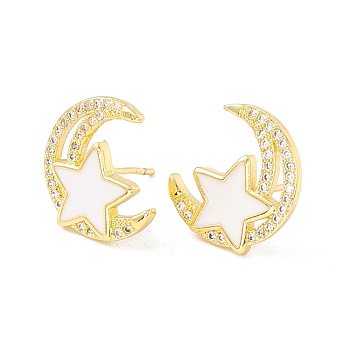 Clear Cubic Zirconia Moon and Star Stud Earrings with Enamel, Brass Jewelry for Women, Cadmium Free & Lead Free, Real 18K Gold Plated, 15x13mm, Pin: 0.8mm