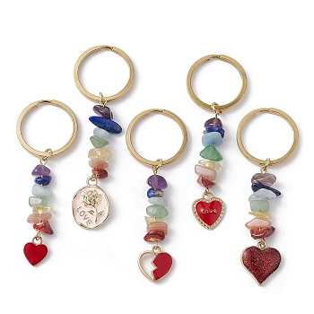 Chakra Gemstone Chip Keychain, with Heart/Oval Alloy Enamel Pendant, Valentine's Day Car Key Bag Decoration, Mixed Color, 7.1~8cm