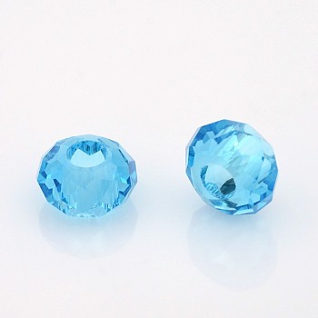 Faceted Glass Beads, Large Hole Rondelle Beads, Deep Sky Blue, 14x8mm, Hole: 6mm