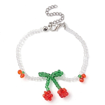 Glass Seed Beaded Cherry Charm Bracelets, with 304 Stainless Steel Clasps, Colorful, 7-3/8 inch(18.8cm)