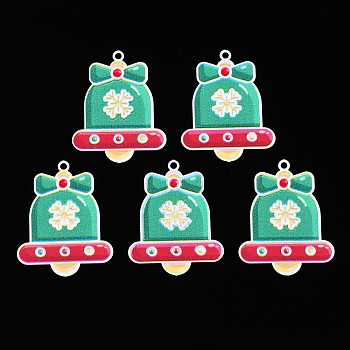 Spray Painted Brass Pendants, with Printed, Christmas Bell with Snowflake, Sea Green, 33x26x0.4mm, Hole: 1.8mm