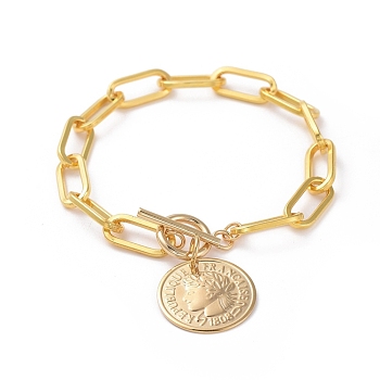 Charm Bracelets, with Iron Cable Chains and 304 Stainless Steel Pendants, Coin, Golden, 7-1/2 inch(19cm)