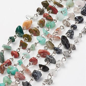 Natural & Synthetic Gemstone Chips Handmade Beaded Chains, Unwelded, with Iron Pins, Platinum, 39.37 inch(1m)