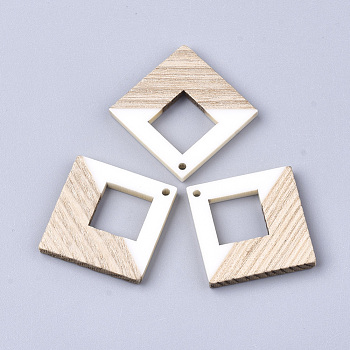 Resin & Wood Pendants, Rhombus, Creamy White, 37x37x3mm, Hole: 2mm