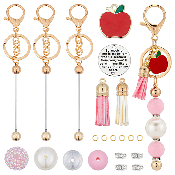 DIY Beadable Keychain Making Kit for Teachers' Day, Including Alloy Keychain, Acrylic & Plastic Pearl Beads, Faux Suede Tassel & Alloy Apple & Quote Pendant, Mixed Color, 62Pcs/bag