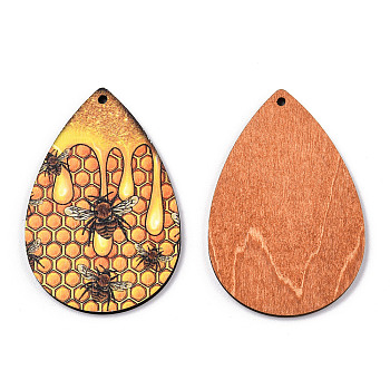 Single Face Printed Wood Big Pendants, Teardrop Charm with Bees Pattern, Orange, 60x40x3mm, Hole: 2mm